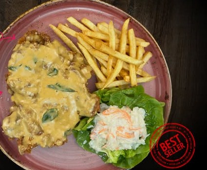 Salted egg sauce deep fried chicken chop with fries